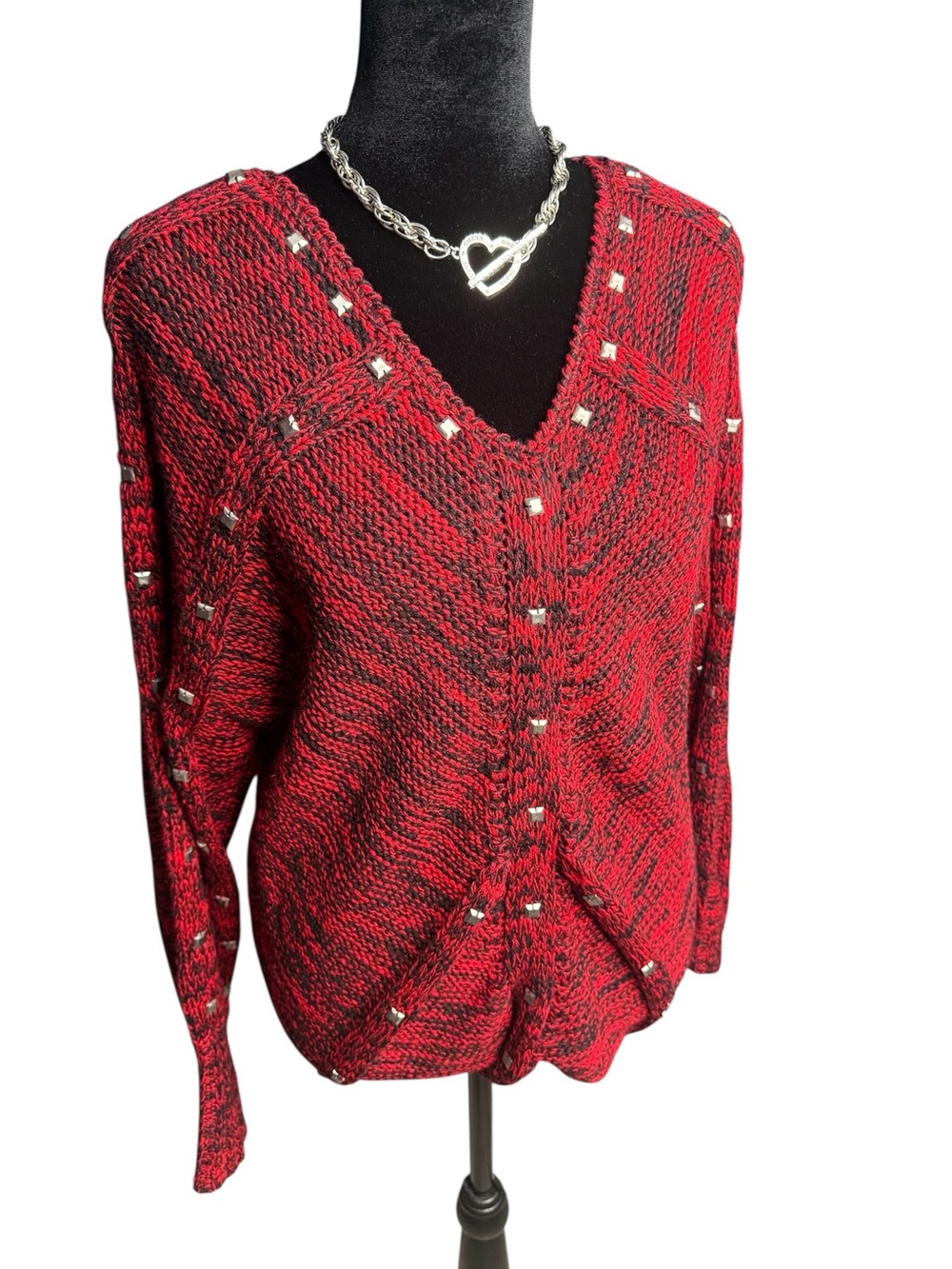 Intrigue studded knit sweater red black marled V neck size S Y2K grunge - Picture 3 of 6